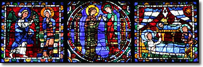 Nativity scenes in stained glass windows, Chartres Cathedral, France
