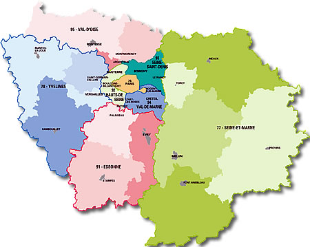 Map of Départements in the Île-de-France region of France