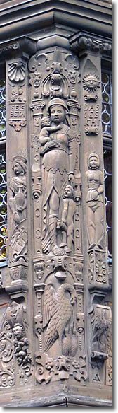 Detail of wood carving on the Kammerzell, Strasbourg, Alsace, France