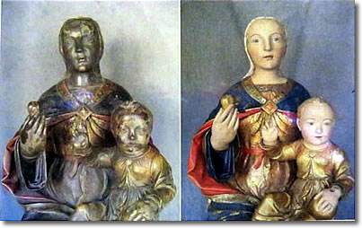 Our Lady of the Pillar statue before & after cleaning, Chartres Cathedral, France