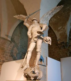 Statue of Saint Michel slaying the dragon, Mont-Saint-Michel, France