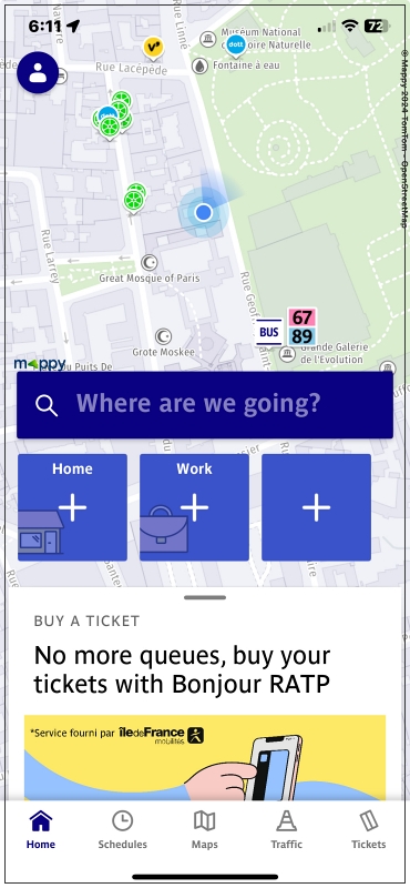 Bonjour RATP app homepage